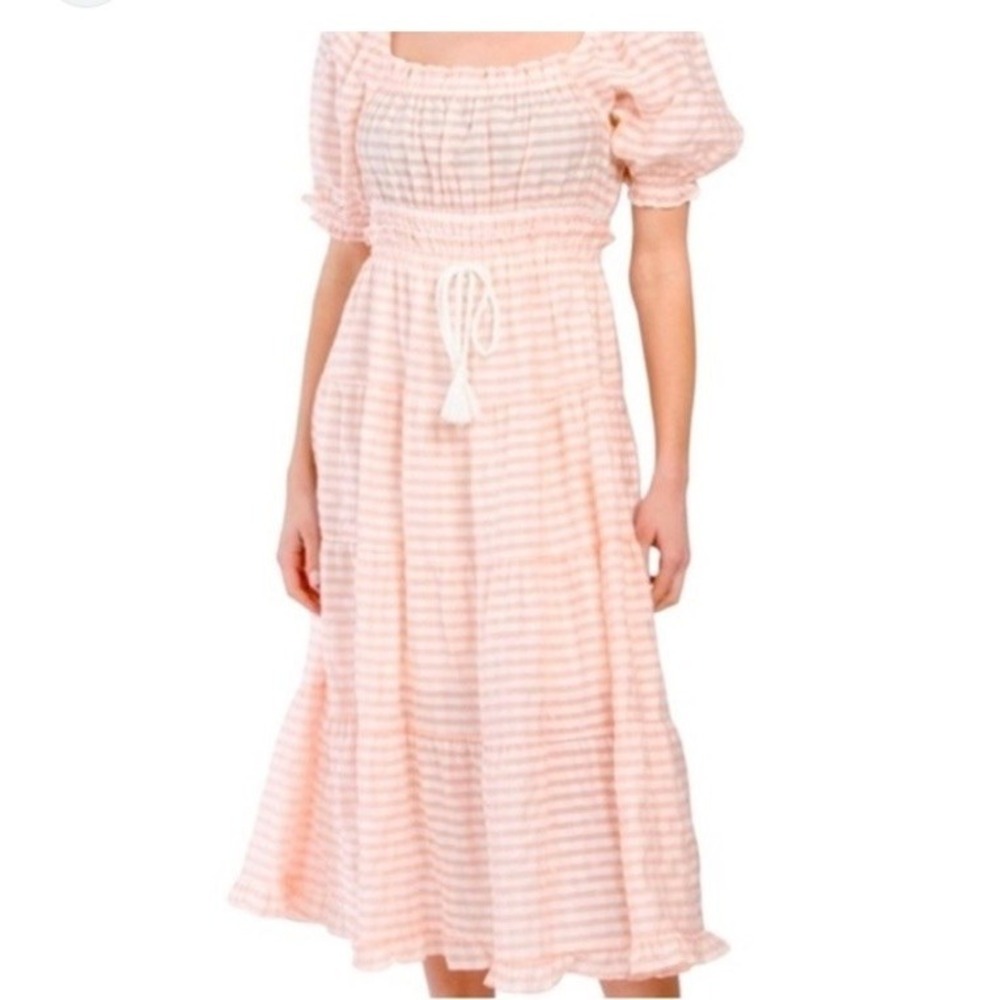 Bohme Smoked Stripe Print Midi Dress Puffy Sleeves Orange White Womens Size L